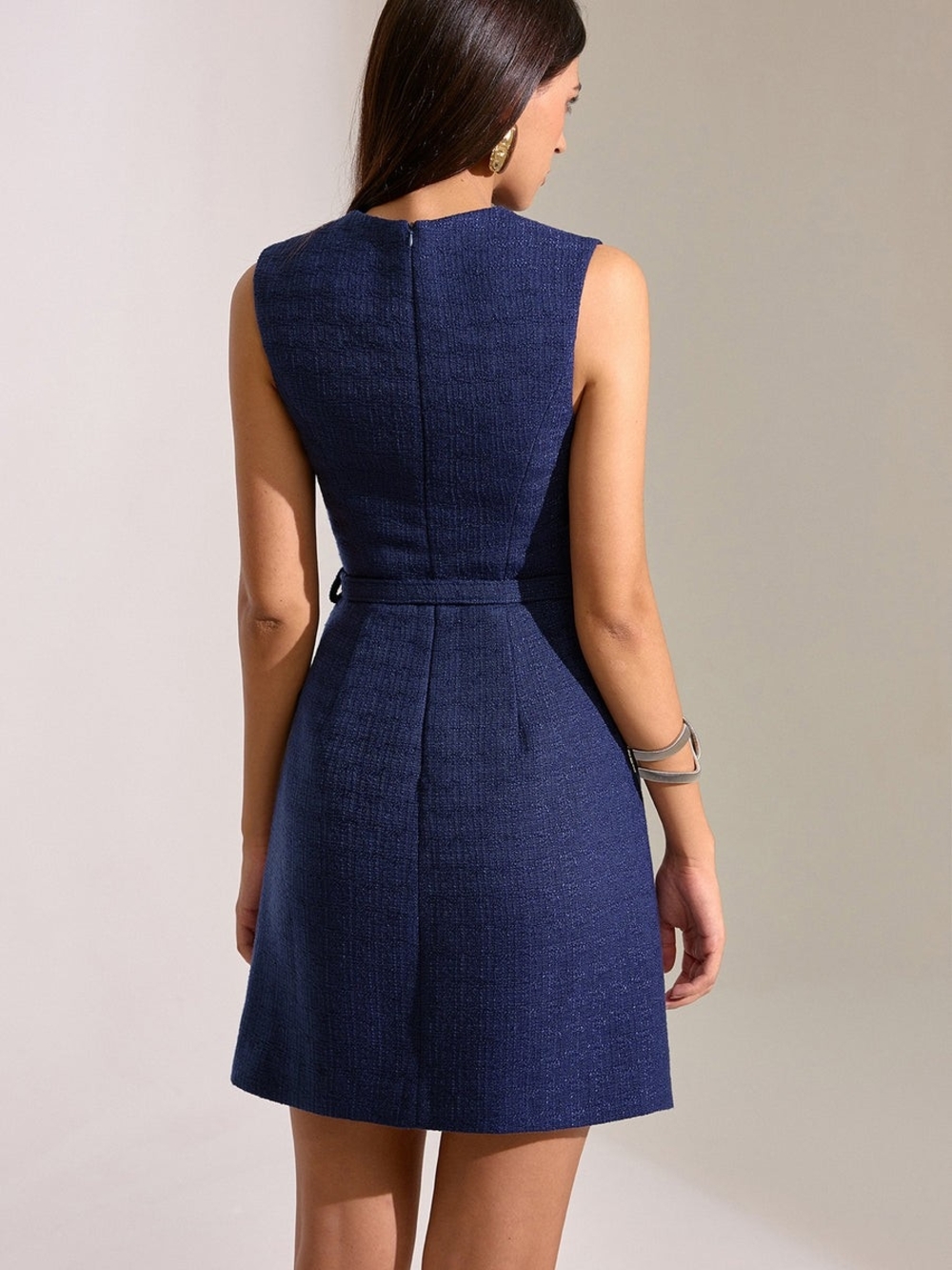Commense Navy Textured Sleeveless Mini Dress with Lace Pleat - Picture 4 of 4